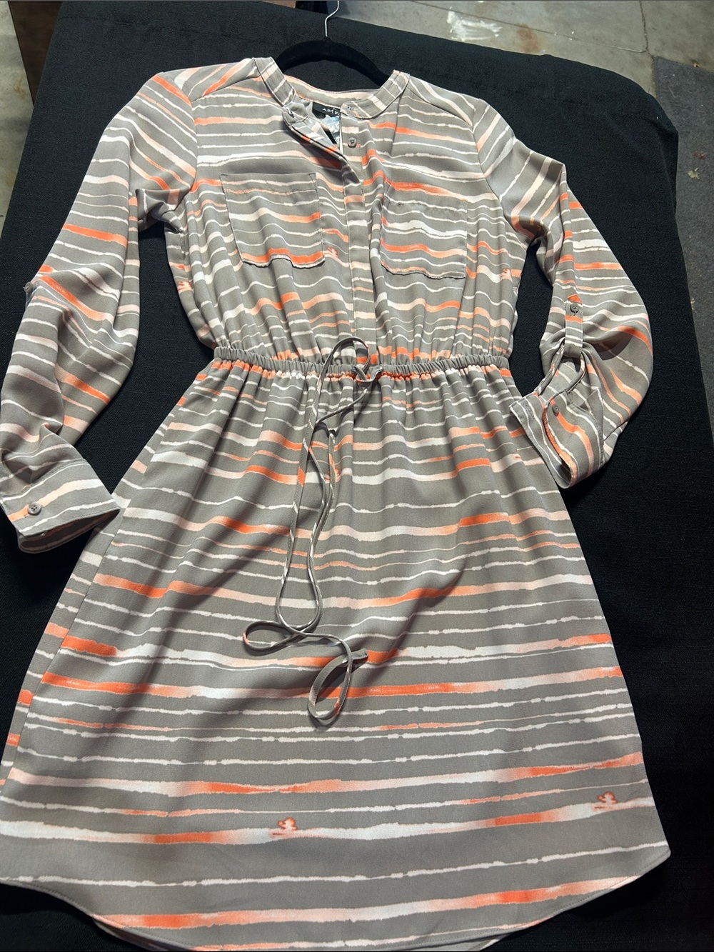 NEW !  Striped Drawstring Long-Sleeve Dress in Gray and Coral Apt 9